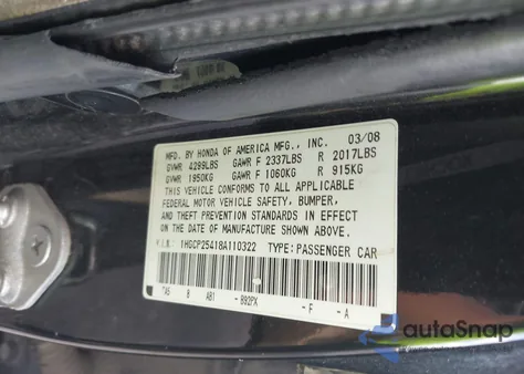 2008 Honda Accord Lxp from USA, damaged, VIN 1HGCP25418A110322